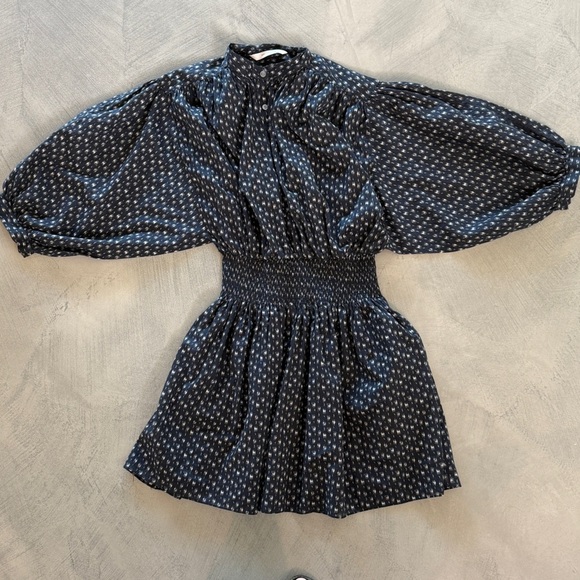 Rebecca Taylor Navy Blue Floral Long Sleeve x Material Smocked Waist Mini Dress - Picture 6 of 12